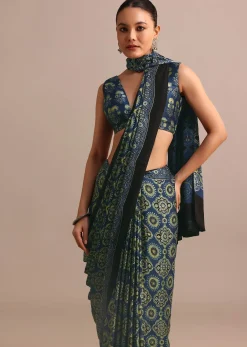 Indigo Satin Modal Handblock Printed Ajrakh Saree