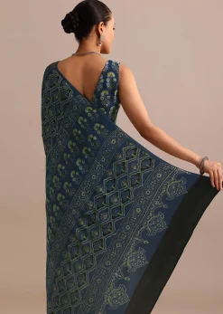 Indigo Satin Modal Handblock Printed Ajrakh Saree