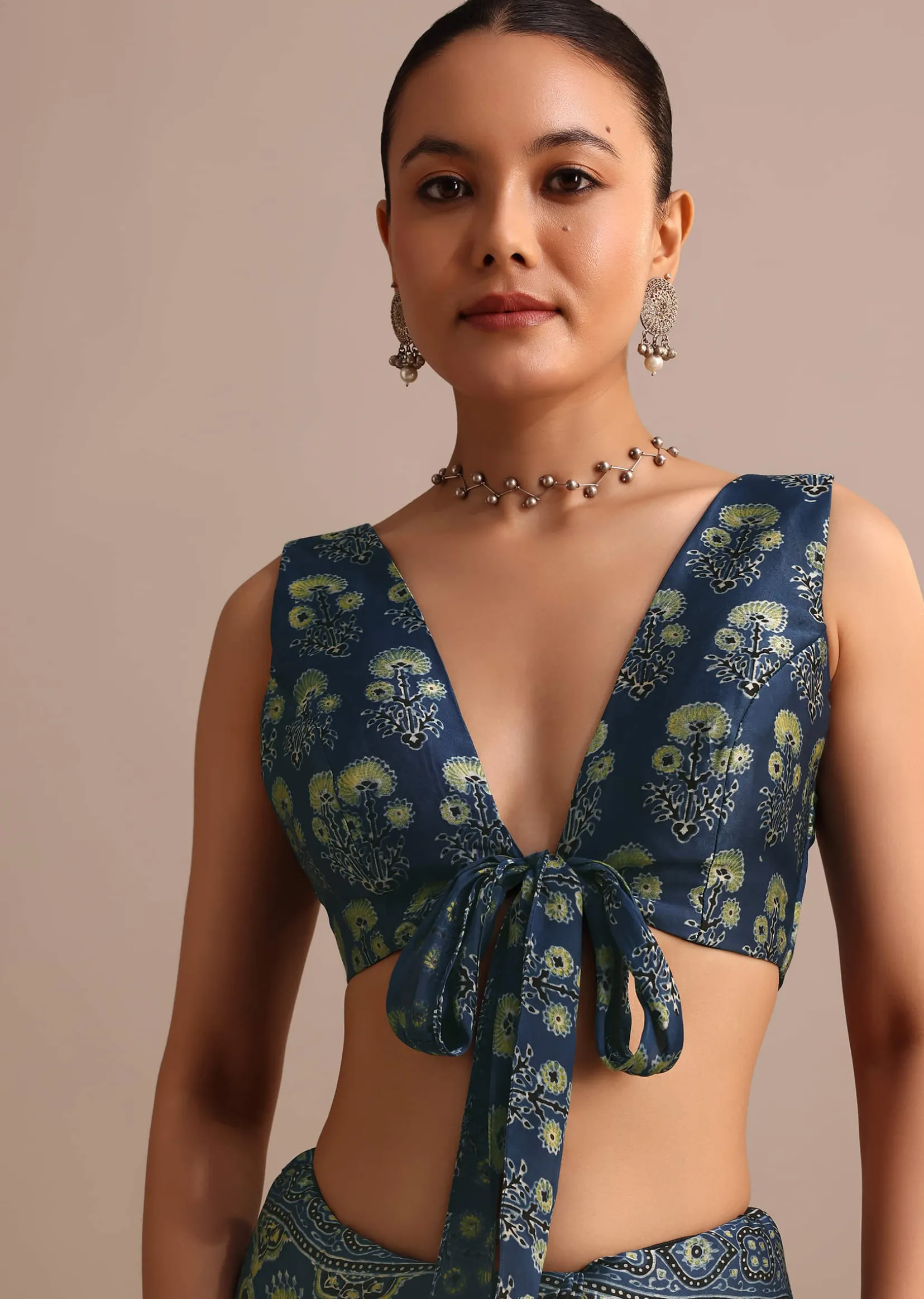 Indigo Satin Modal Handblock Printed Ajrakh Saree