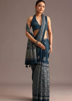 Indigo Satin Saree With Ajrakh Print And Unstitched Blouse