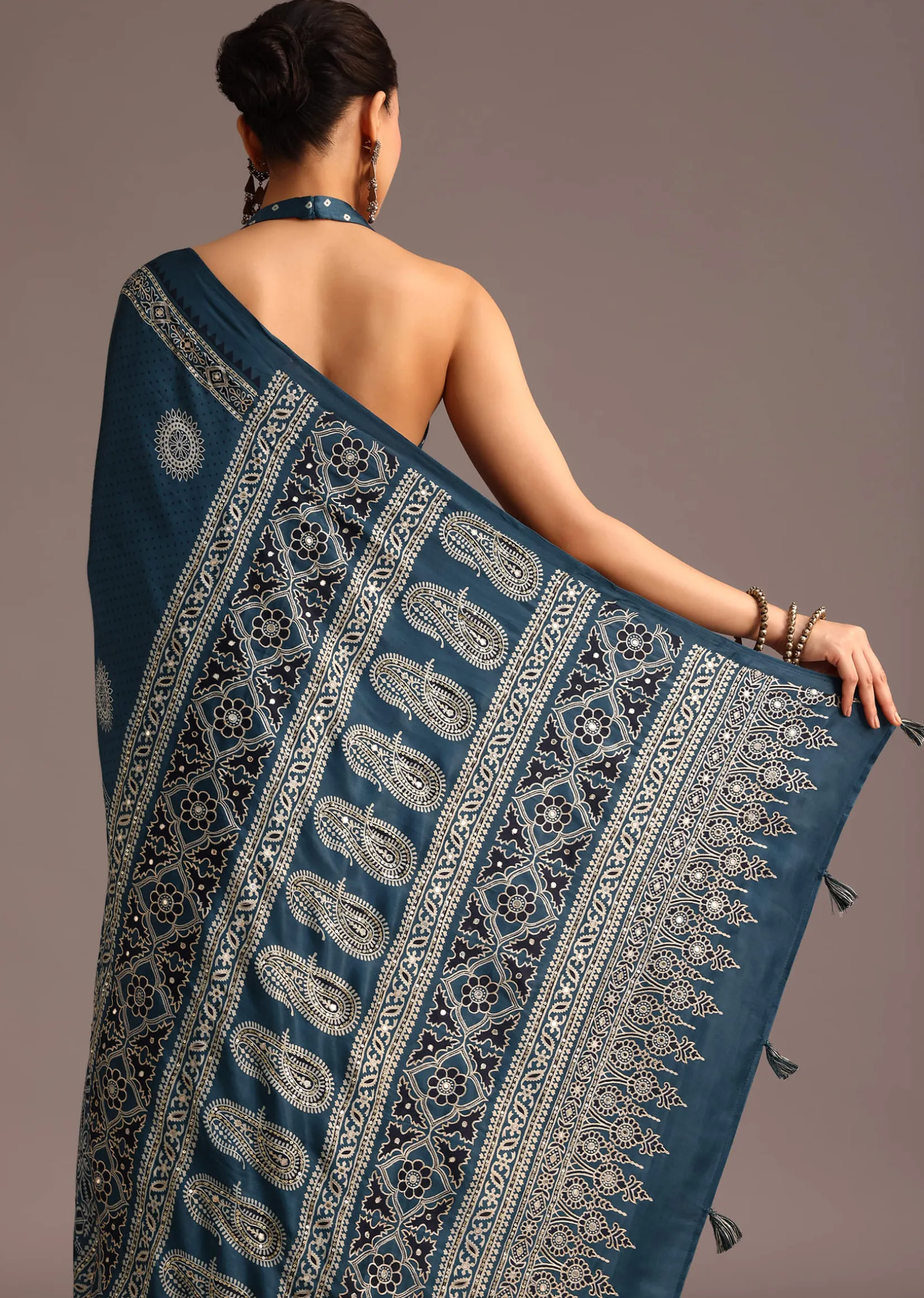 Indigo Satin Saree With Ajrakh Print And Unstitched Blouse