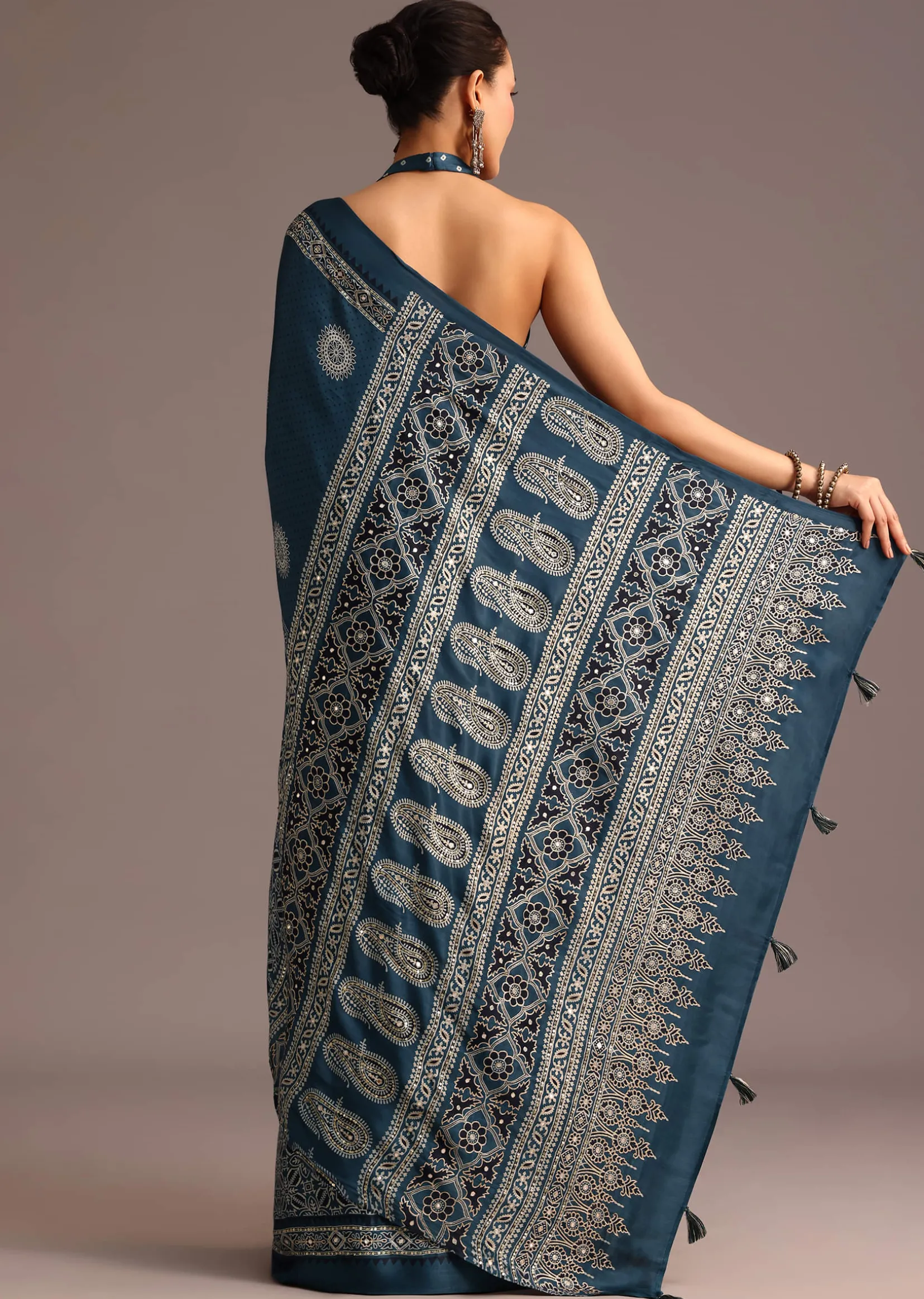 Indigo Satin Saree With Ajrakh Print And Unstitched Blouse