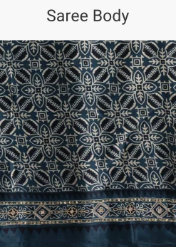 Indigo Satin Saree With Ajrakh Print And Unstitched Blouse