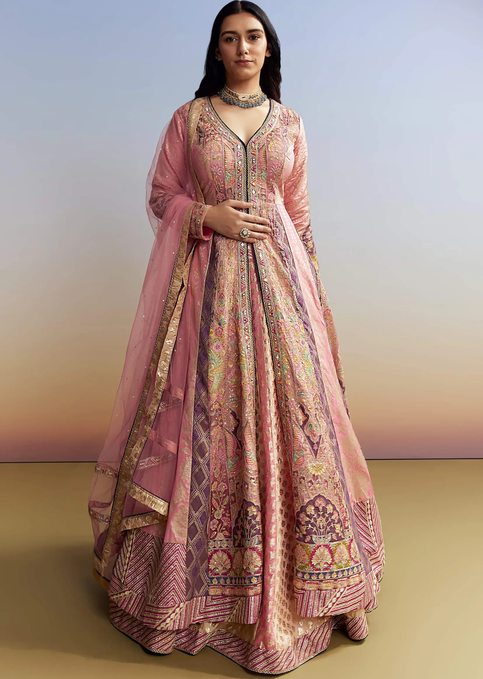 Indo Western Pink Silk Kurta Lehenga Set