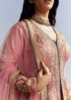 Indo Western Pink Silk Kurta Lehenga Set