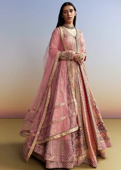 Indo Western Pink Silk Kurta Lehenga Set