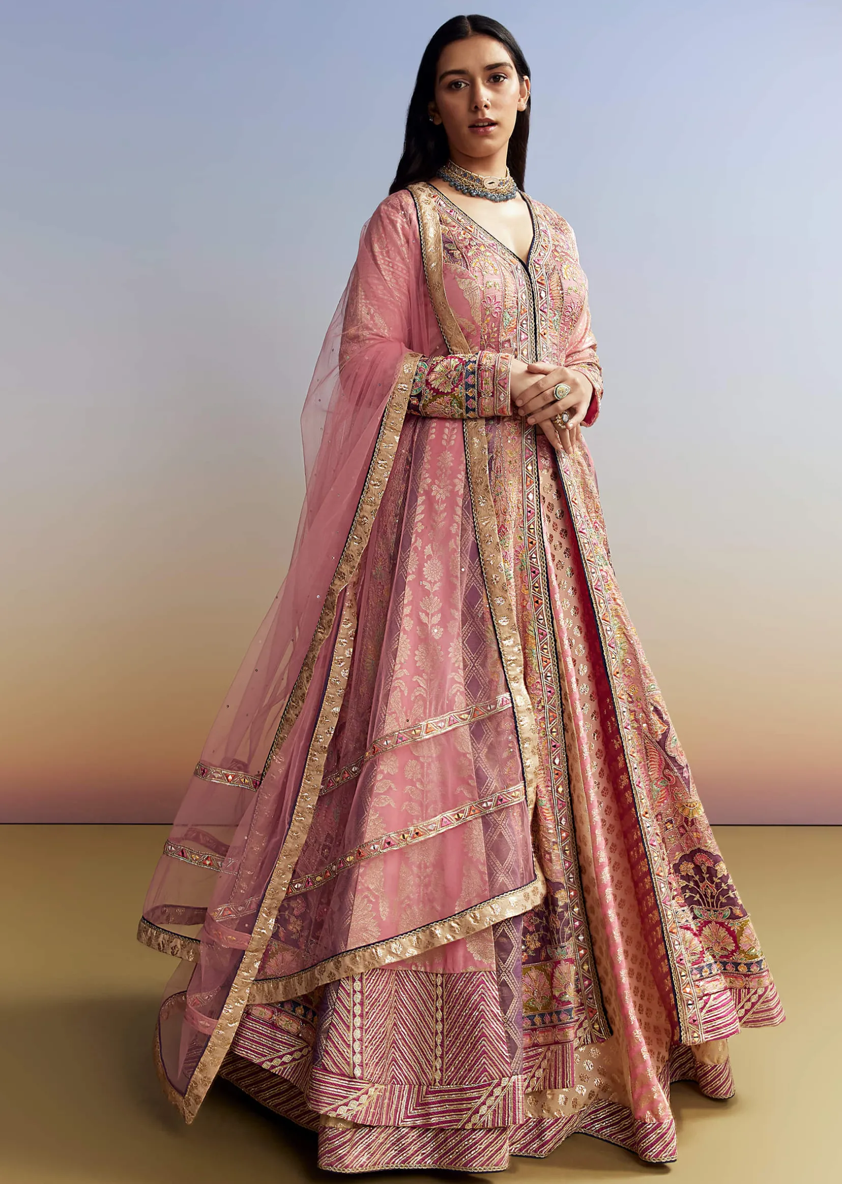 Indo Western Pink Silk Kurta Lehenga Set