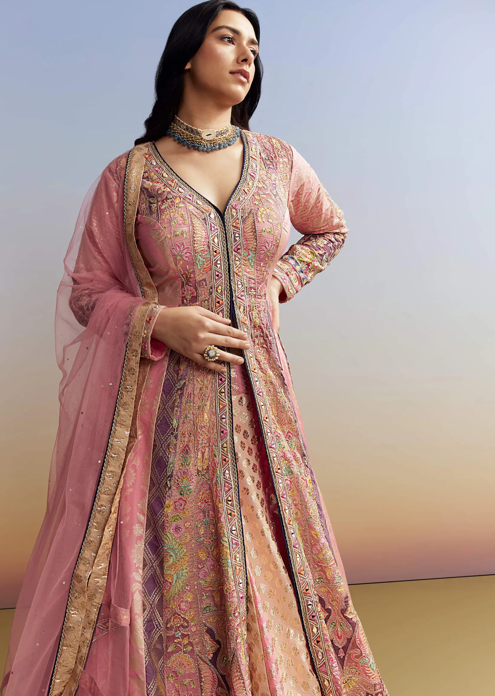 Indo Western Pink Silk Kurta Lehenga Set