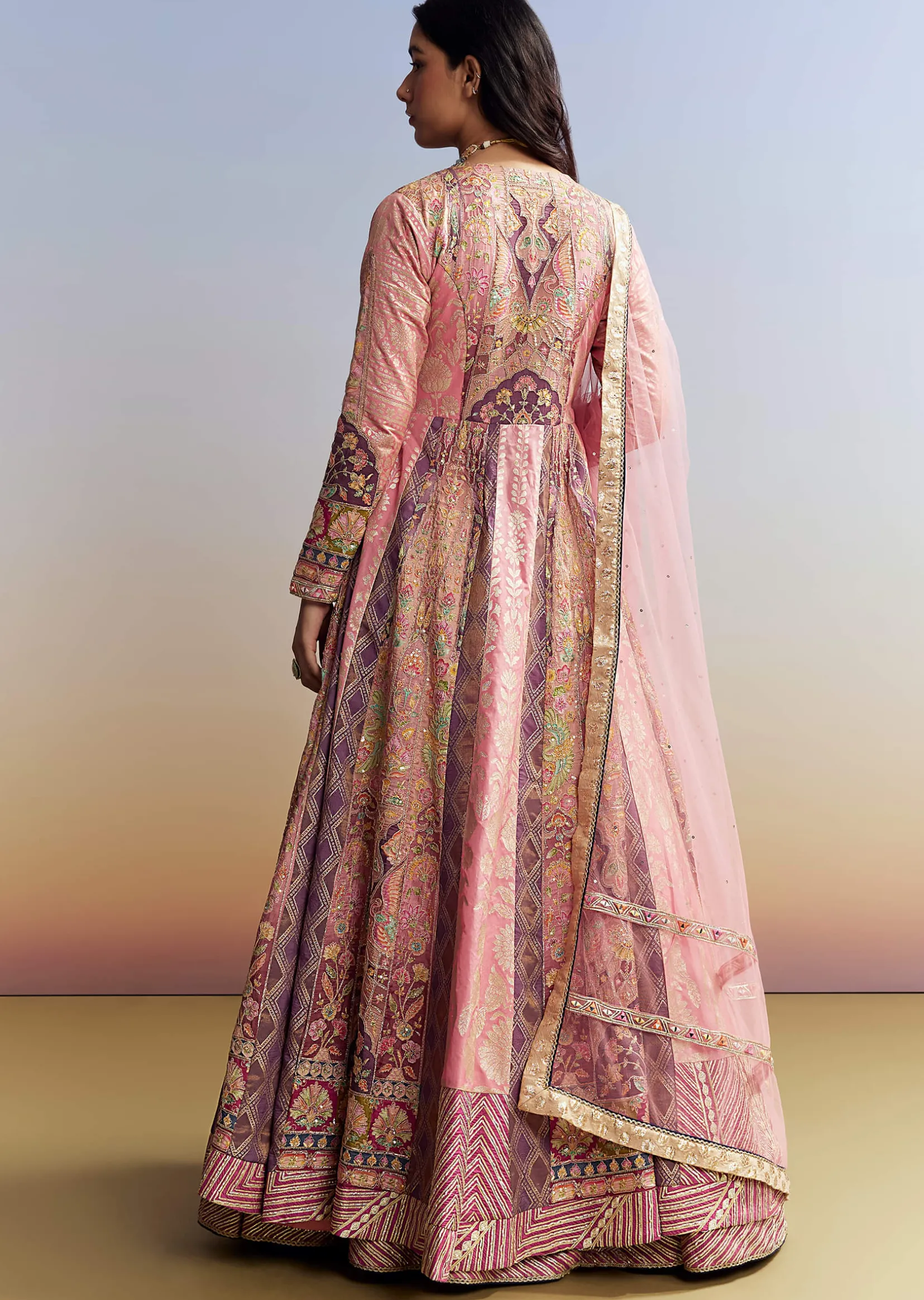 Indo Western Pink Silk Kurta Lehenga Set