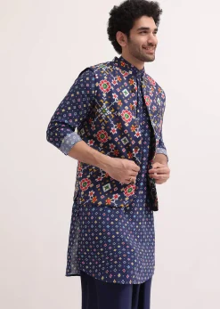 Ink Blue Patola Printed Kurta Jacket Set For Men