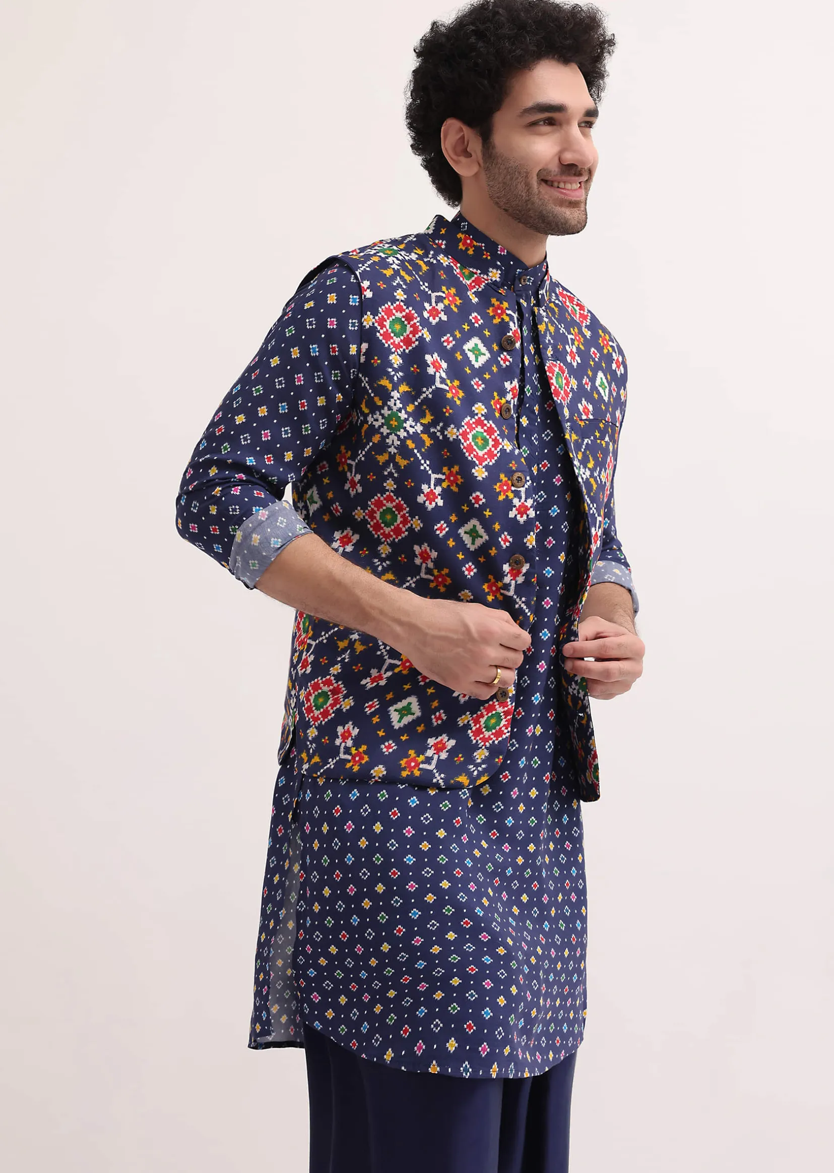 Ink Blue Patola Printed Kurta Jacket Set For Men