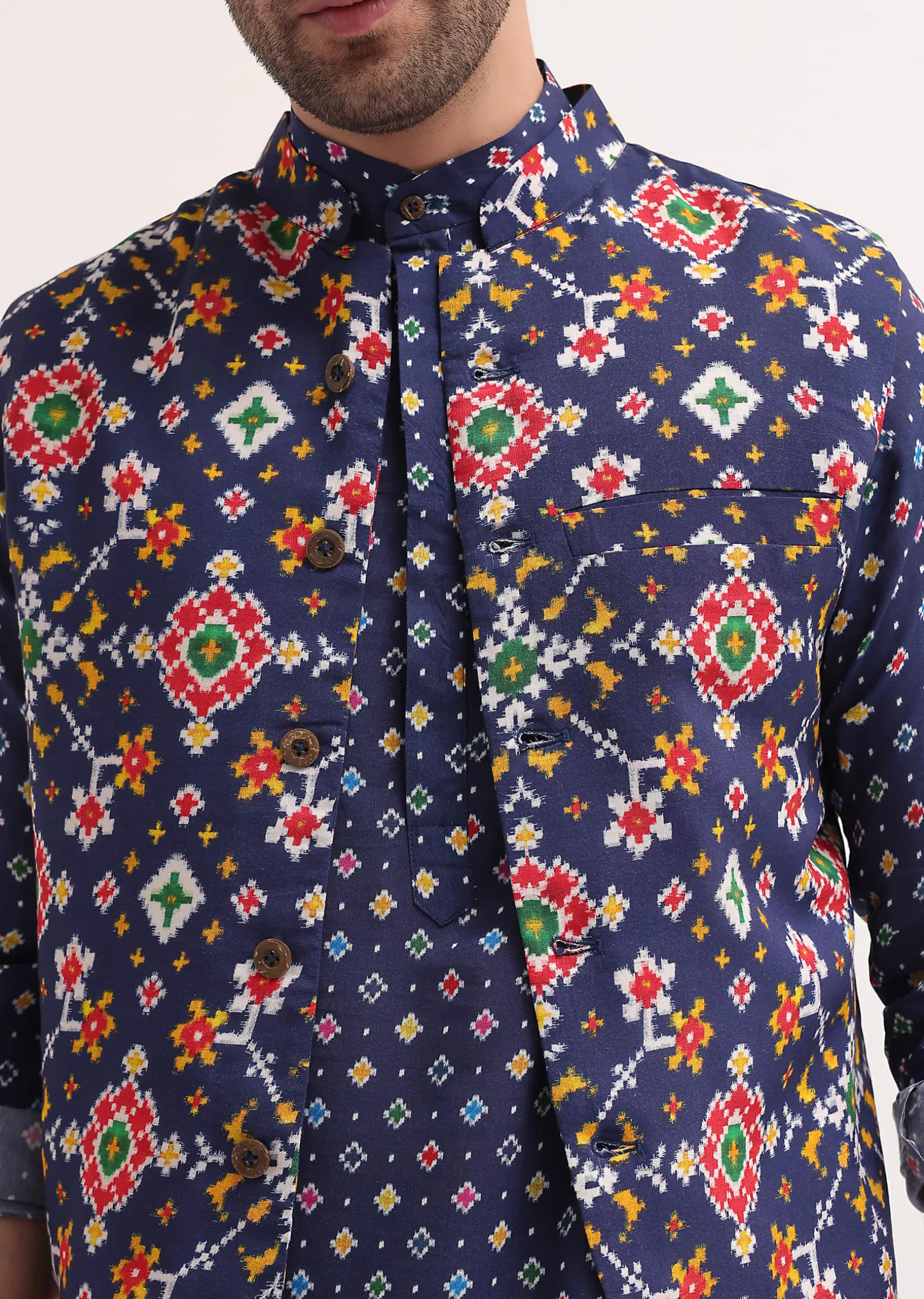 Ink Blue Patola Printed Kurta Jacket Set For Men