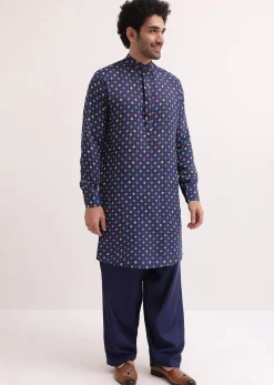 Ink Blue Patola Printed Kurta Jacket Set For Men