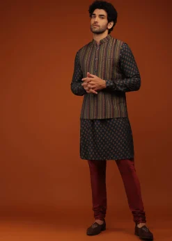 Insign Blue Nehru Jacket And Kurta Set In Striped Hand Block Print, Blue Kurta In Mandarin Collar Neckline And Full Sleeves.