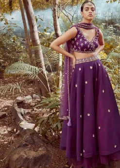 Irish Purple Lehenga Choli In Raw Silk With Cut Dana And Beads Embroidered Floral Buttis And Overlapping V Neckline