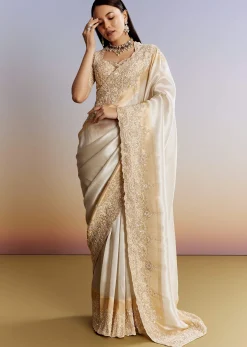 Ivory And Golden Kora Silk Saree With Heavy Zardosi Work
