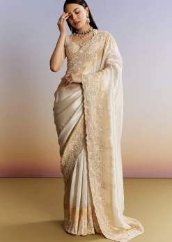 Ivory And Golden Kora Silk Saree With Heavy Zardosi Work