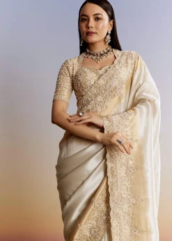 Ivory And Golden Kora Silk Saree With Heavy Zardosi Work