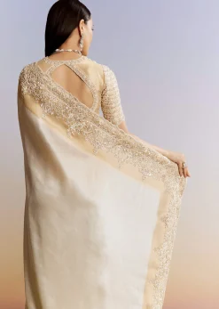 Ivory And Golden Kora Silk Saree With Heavy Zardosi Work