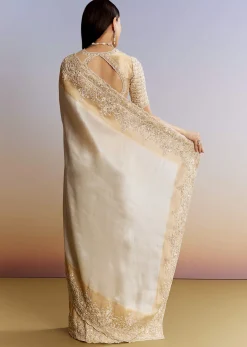 Ivory And Golden Kora Silk Saree With Heavy Zardosi Work