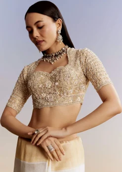 Ivory And Golden Kora Silk Saree With Heavy Zardosi Work