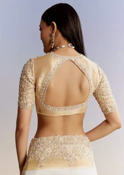 Ivory And Golden Kora Silk Saree With Heavy Zardosi Work