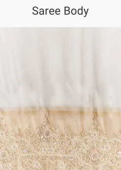 Ivory And Golden Kora Silk Saree With Heavy Zardosi Work