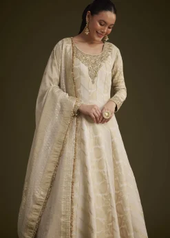 Ivory Banarasi Tissue Anarkali With Gotta Work