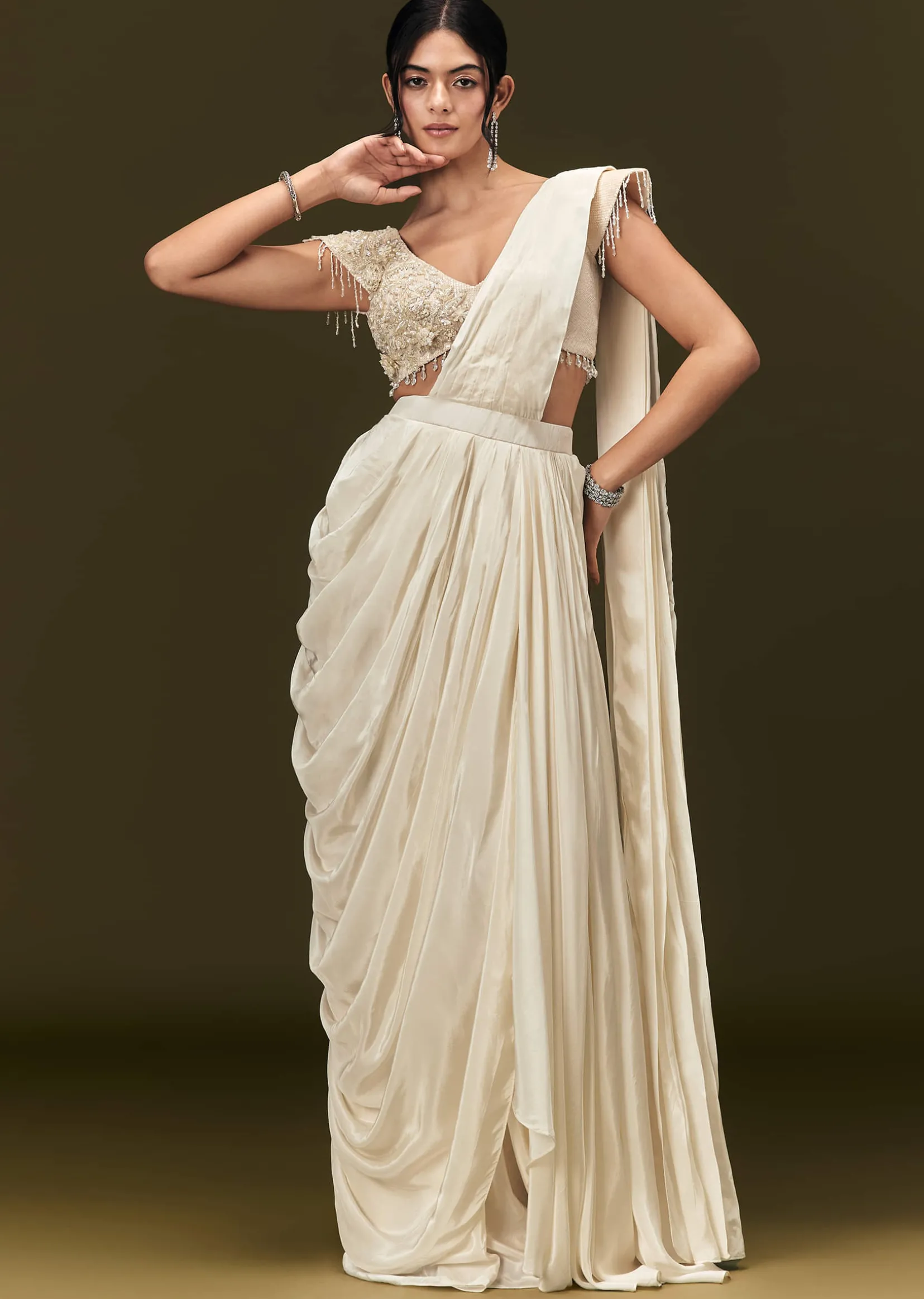 Ivory Crepe Pre Draped Saree With Zardosi And 3D Flower Motifs