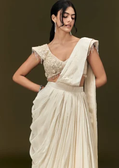 Ivory Crepe Pre Draped Saree With Zardosi And 3D Flower Motifs
