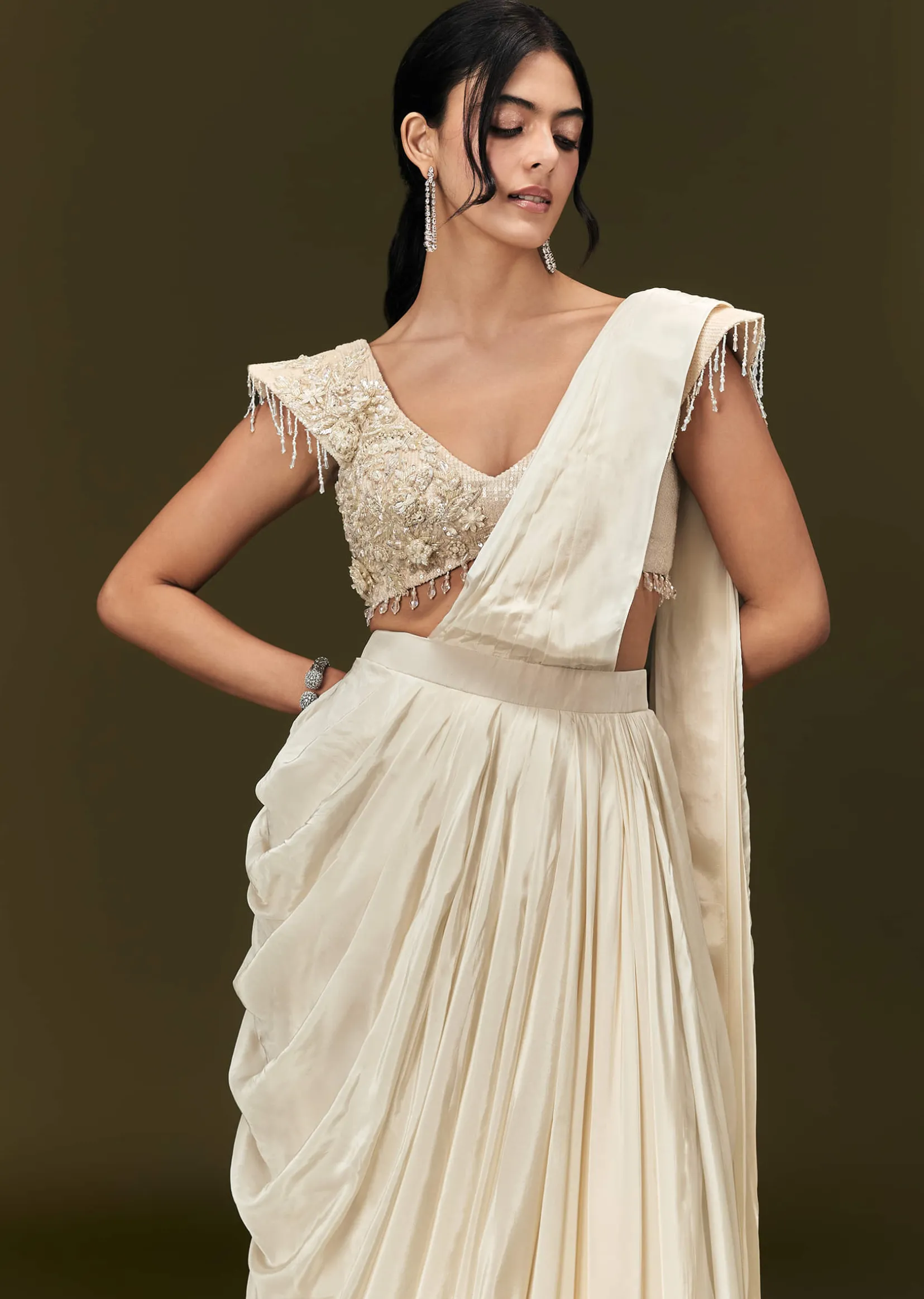 Ivory Crepe Pre Draped Saree With Zardosi And 3D Flower Motifs