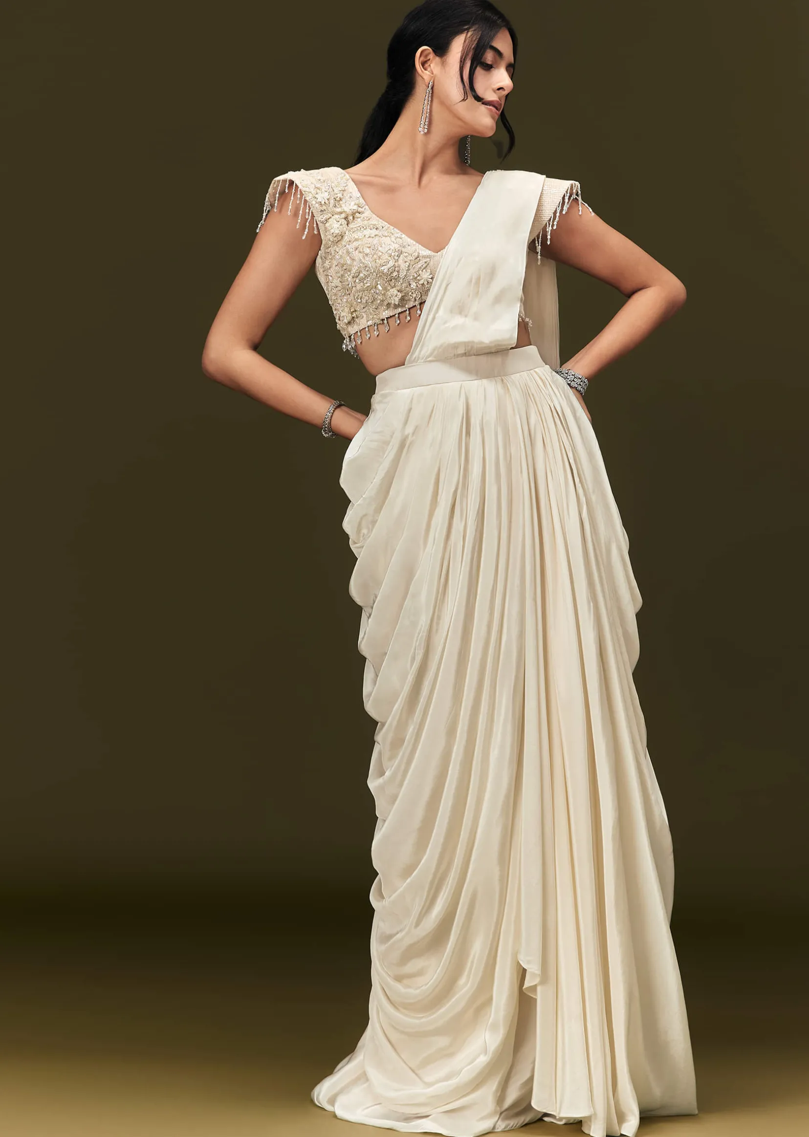 Ivory Crepe Pre Draped Saree With Zardosi And 3D Flower Motifs