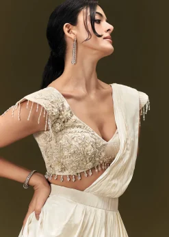 Ivory Crepe Pre Draped Saree With Zardosi And 3D Flower Motifs
