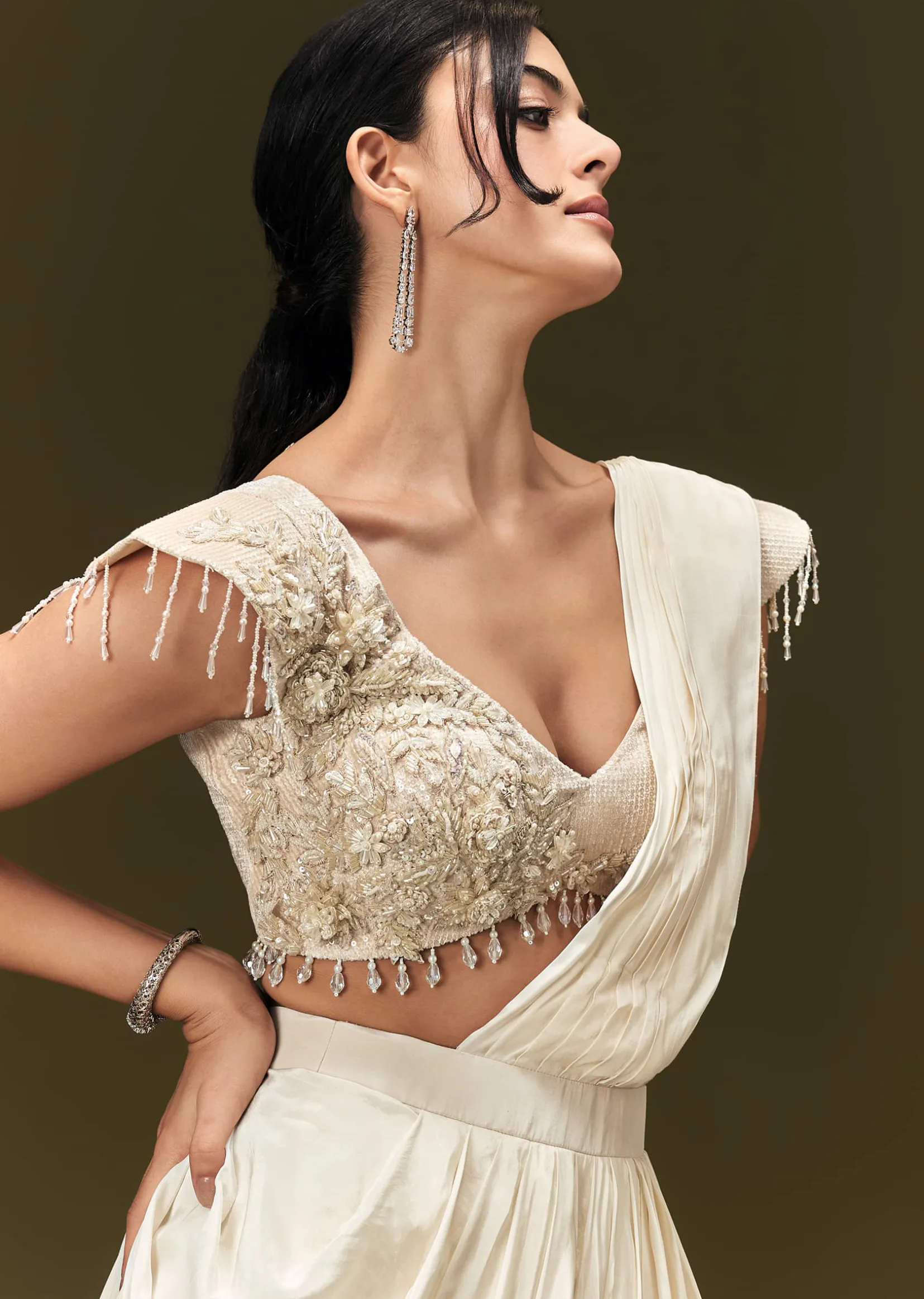 Ivory Crepe Pre Draped Saree With Zardosi And 3D Flower Motifs