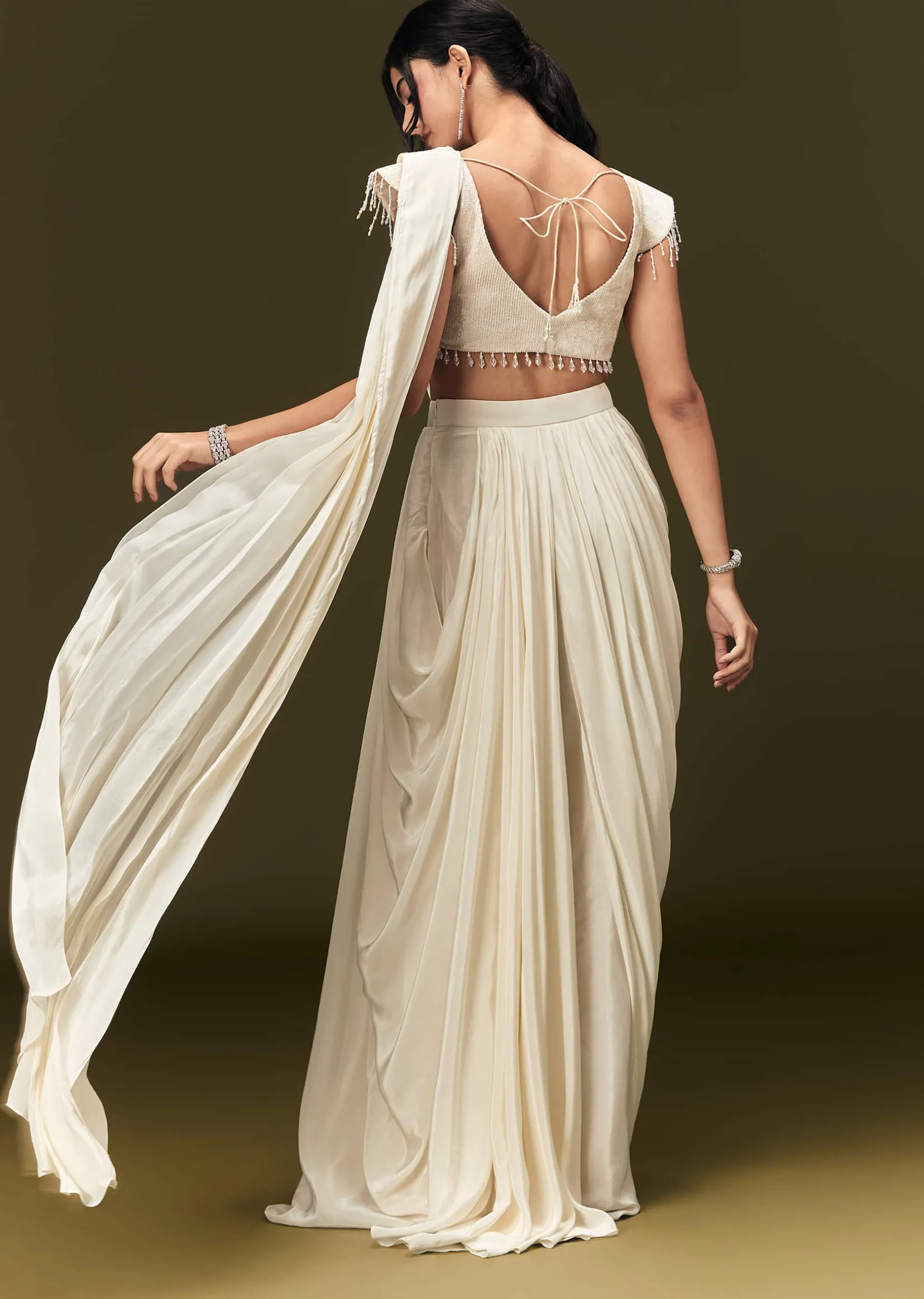 Ivory Crepe Pre Draped Saree With Zardosi And 3D Flower Motifs