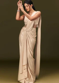 Ivory Crepe Pre Stitched Saree With Crystal And Moti Detailing