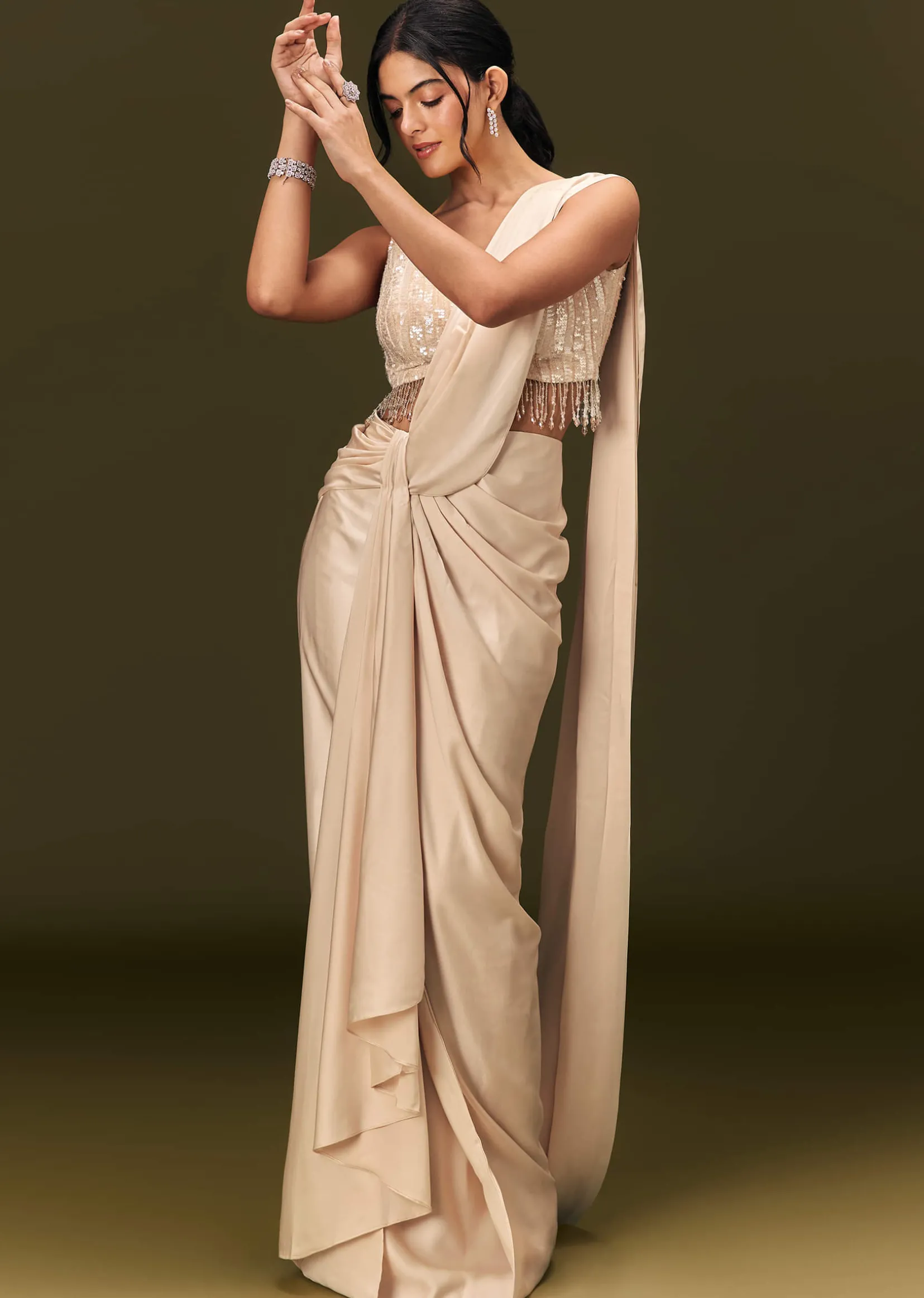 Ivory Crepe Pre Stitched Saree With Crystal And Moti Detailing