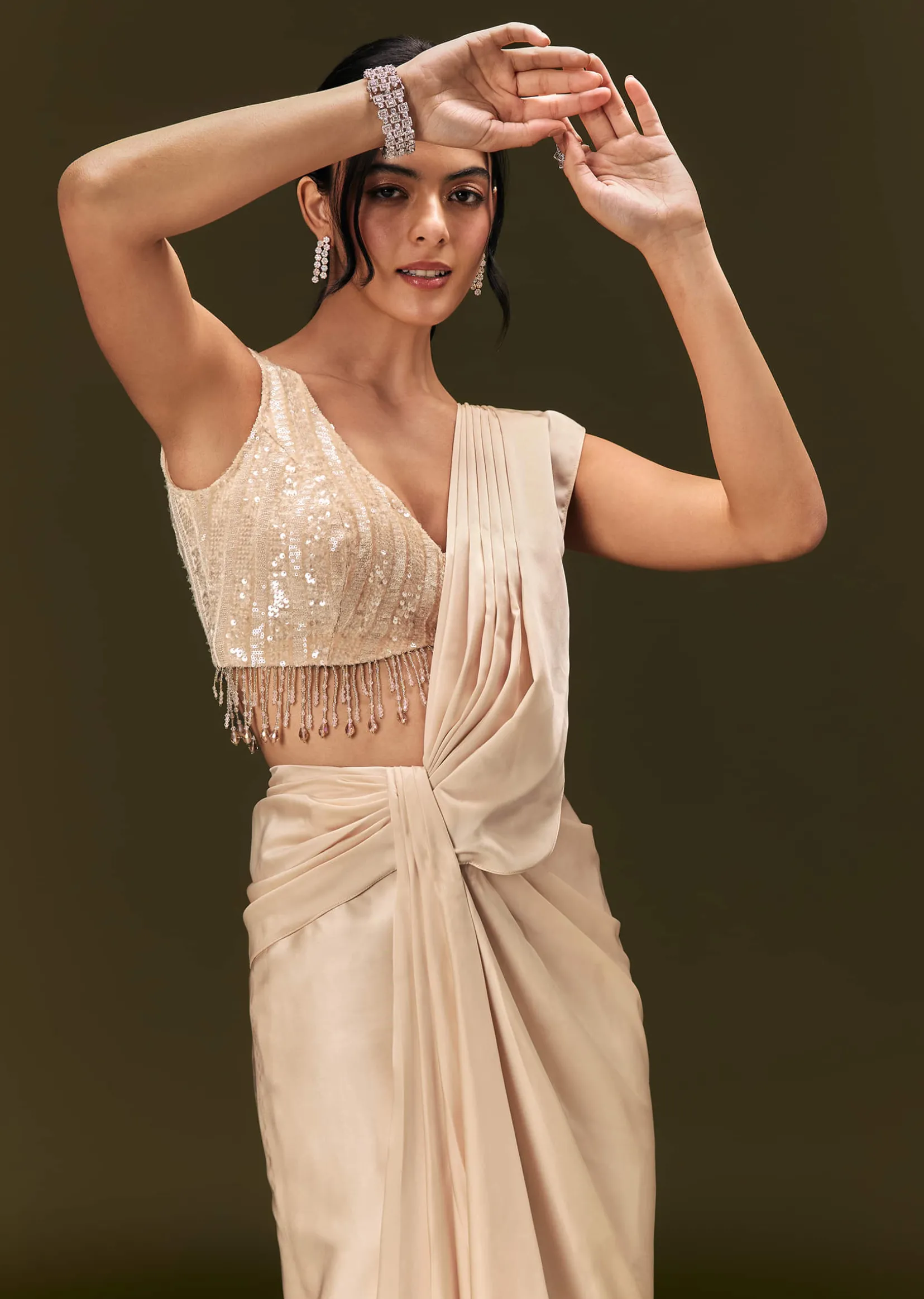 Ivory Crepe Pre Stitched Saree With Crystal And Moti Detailing