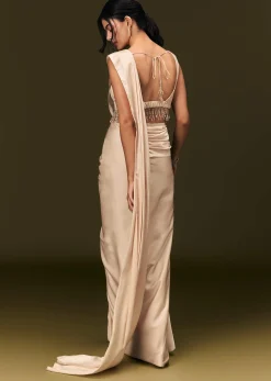 Ivory Crepe Pre Stitched Saree With Crystal And Moti Detailing