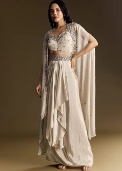 Ivory Crop Top Skirt Set With Cape And Silver Zardozi Work