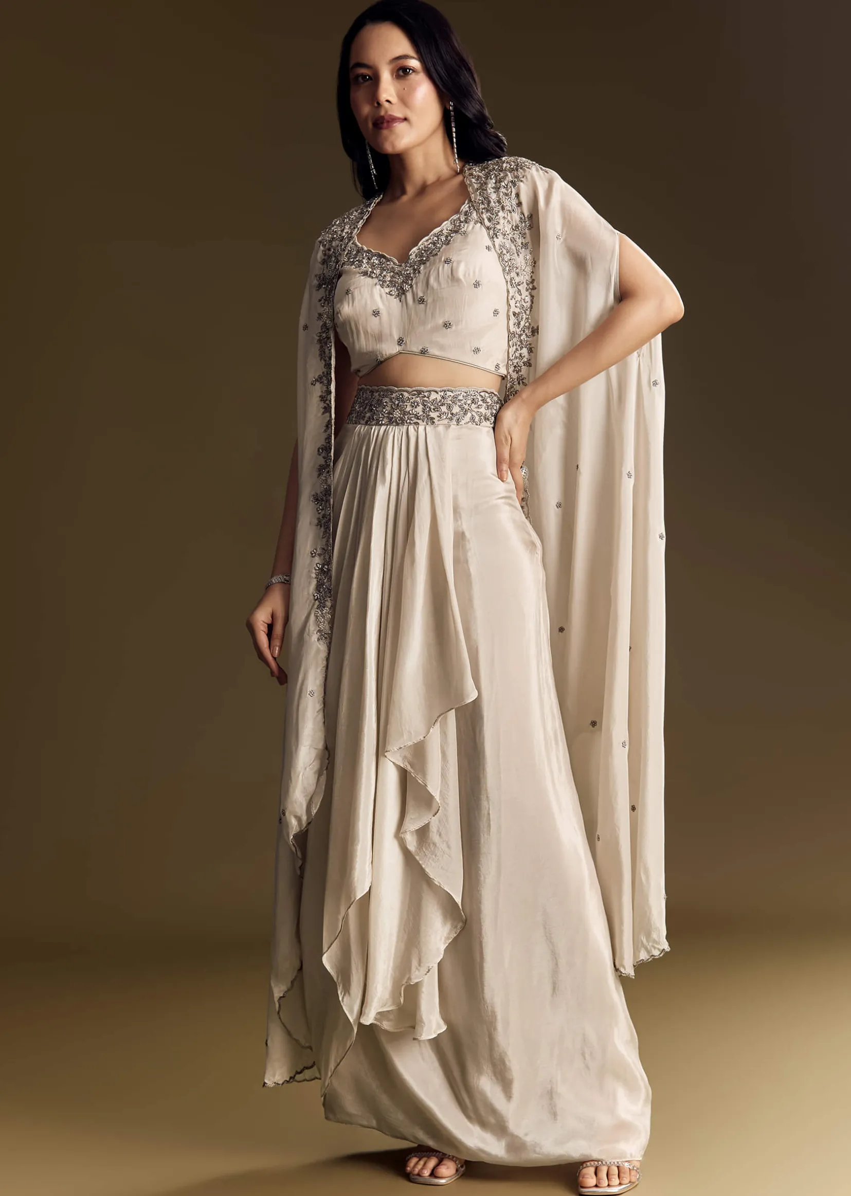 Ivory Crop Top Skirt Set With Cape And Silver Zardozi Work