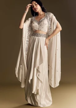 Ivory Crop Top Skirt Set With Cape And Silver Zardozi Work
