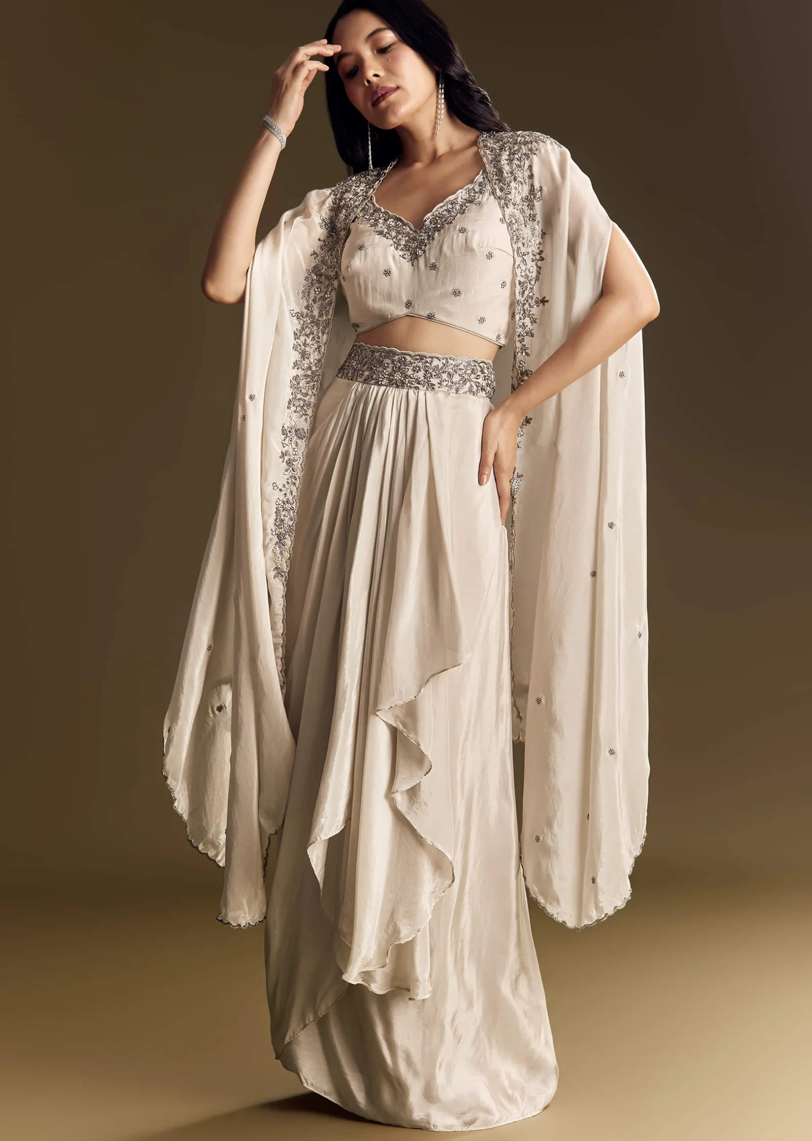 Ivory Crop Top Skirt Set With Cape And Silver Zardozi Work