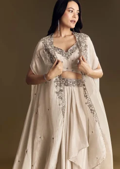 Ivory Crop Top Skirt Set With Cape And Silver Zardozi Work