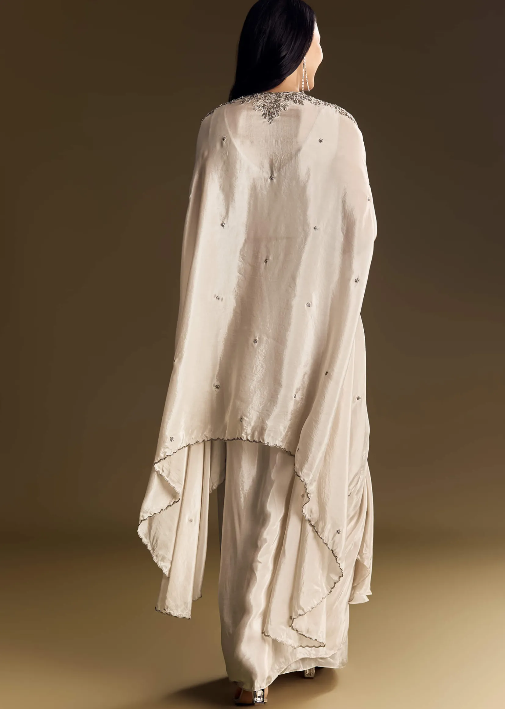 Ivory Crop Top Skirt Set With Cape And Silver Zardozi Work