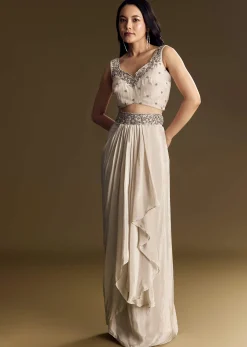Ivory Crop Top Skirt Set With Cape And Silver Zardozi Work