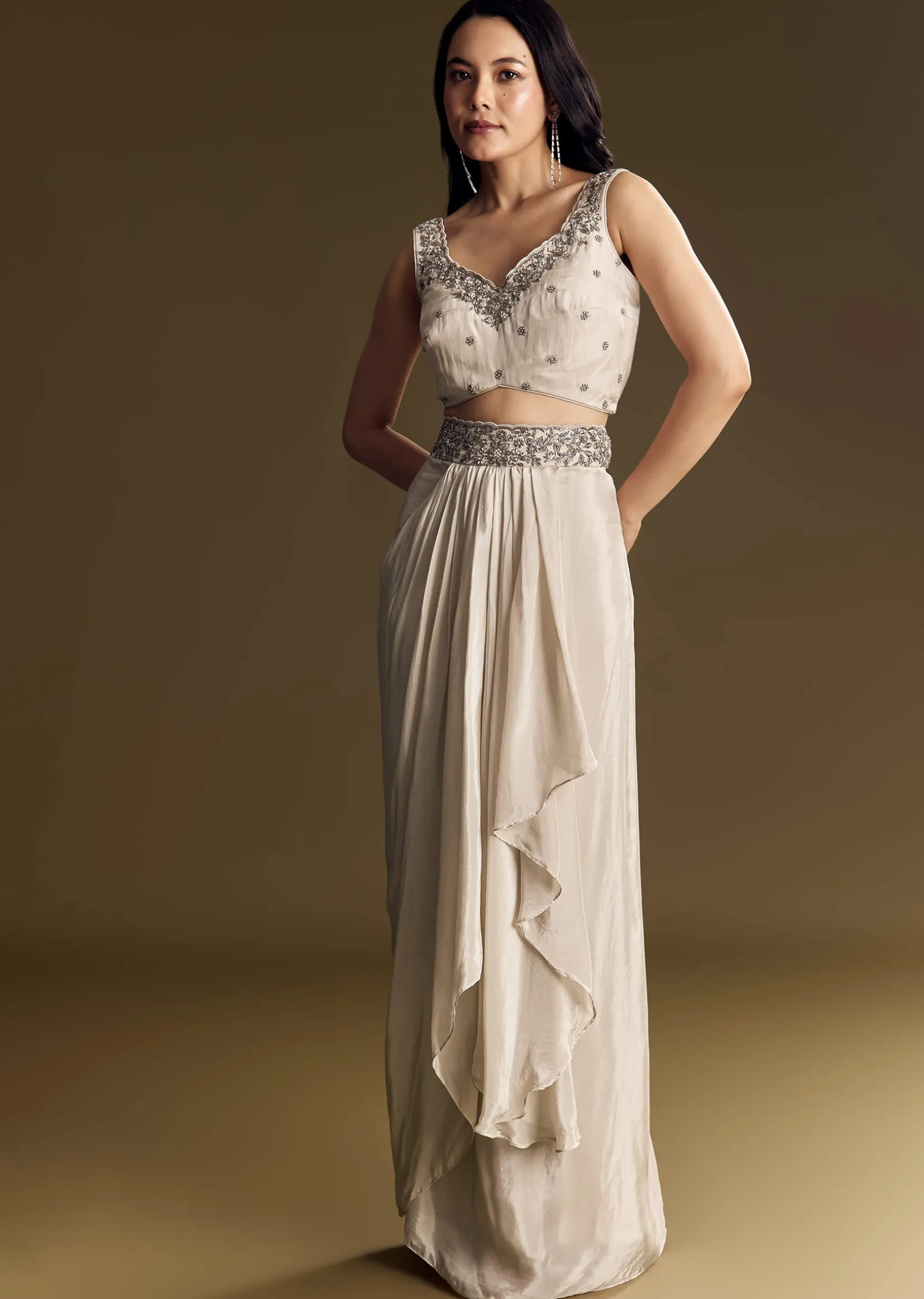 Ivory Crop Top Skirt Set With Cape And Silver Zardozi Work