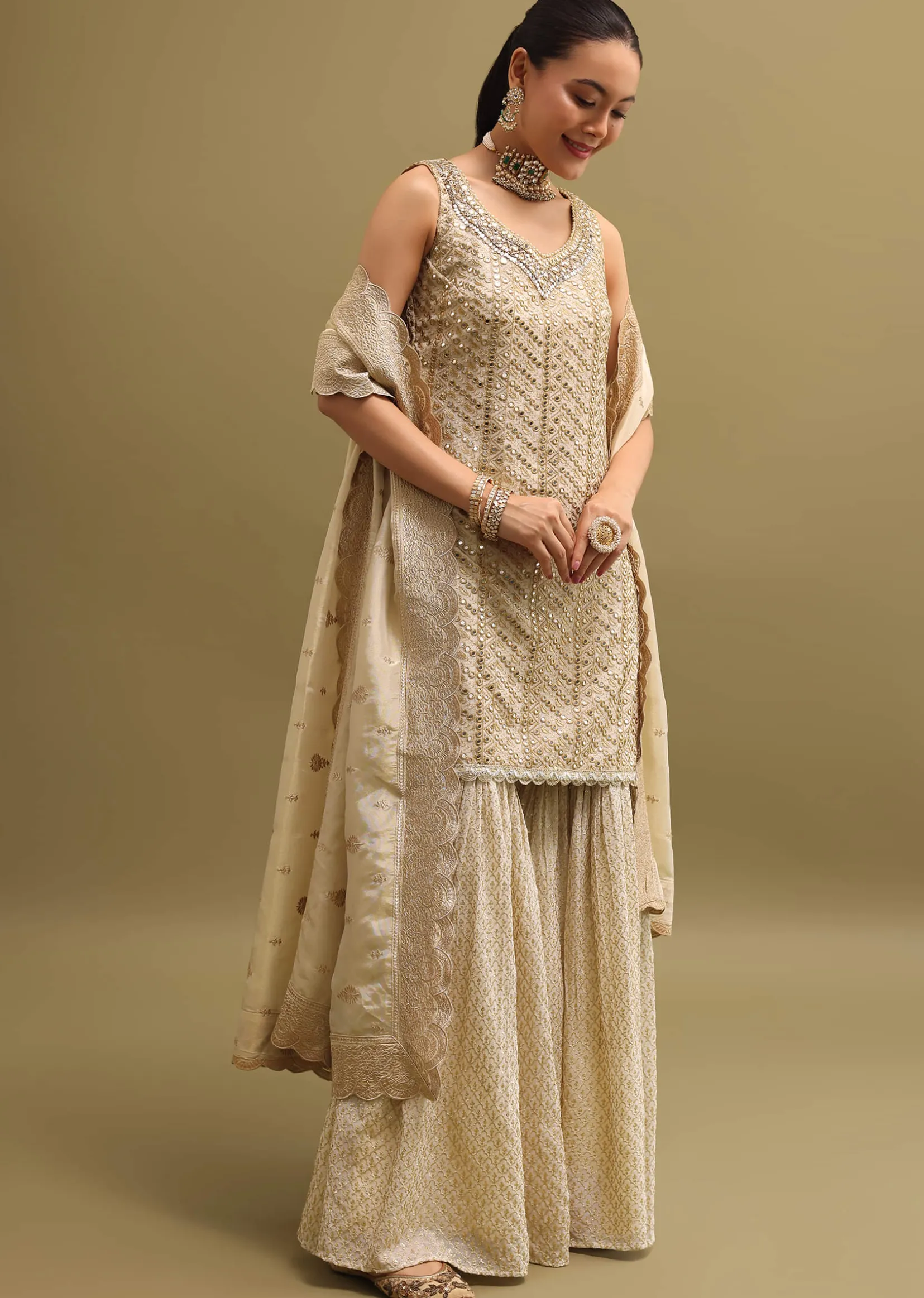Ivory Embroidered Georgette Kurta Sharara Set