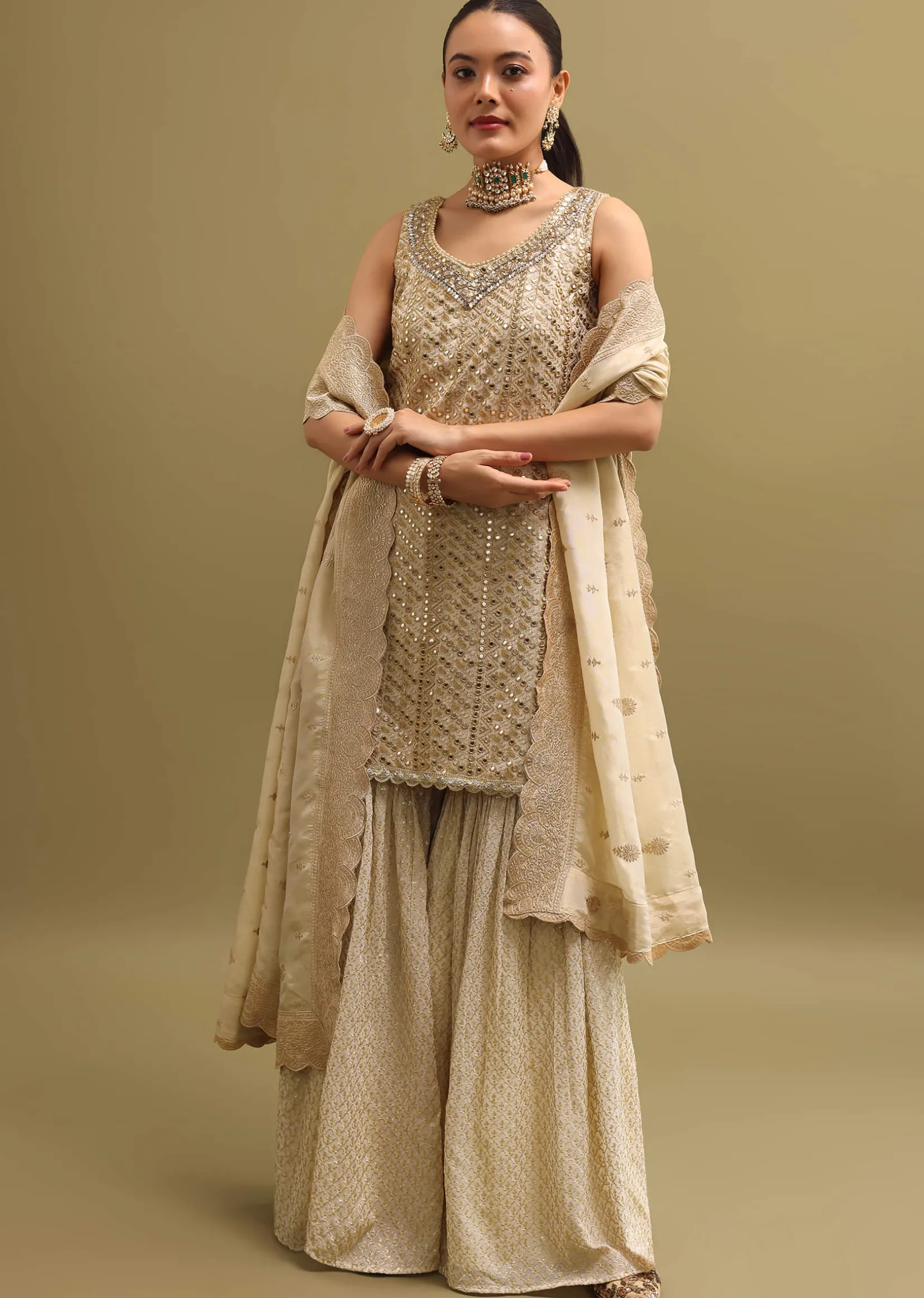 Ivory Embroidered Georgette Kurta Sharara Set