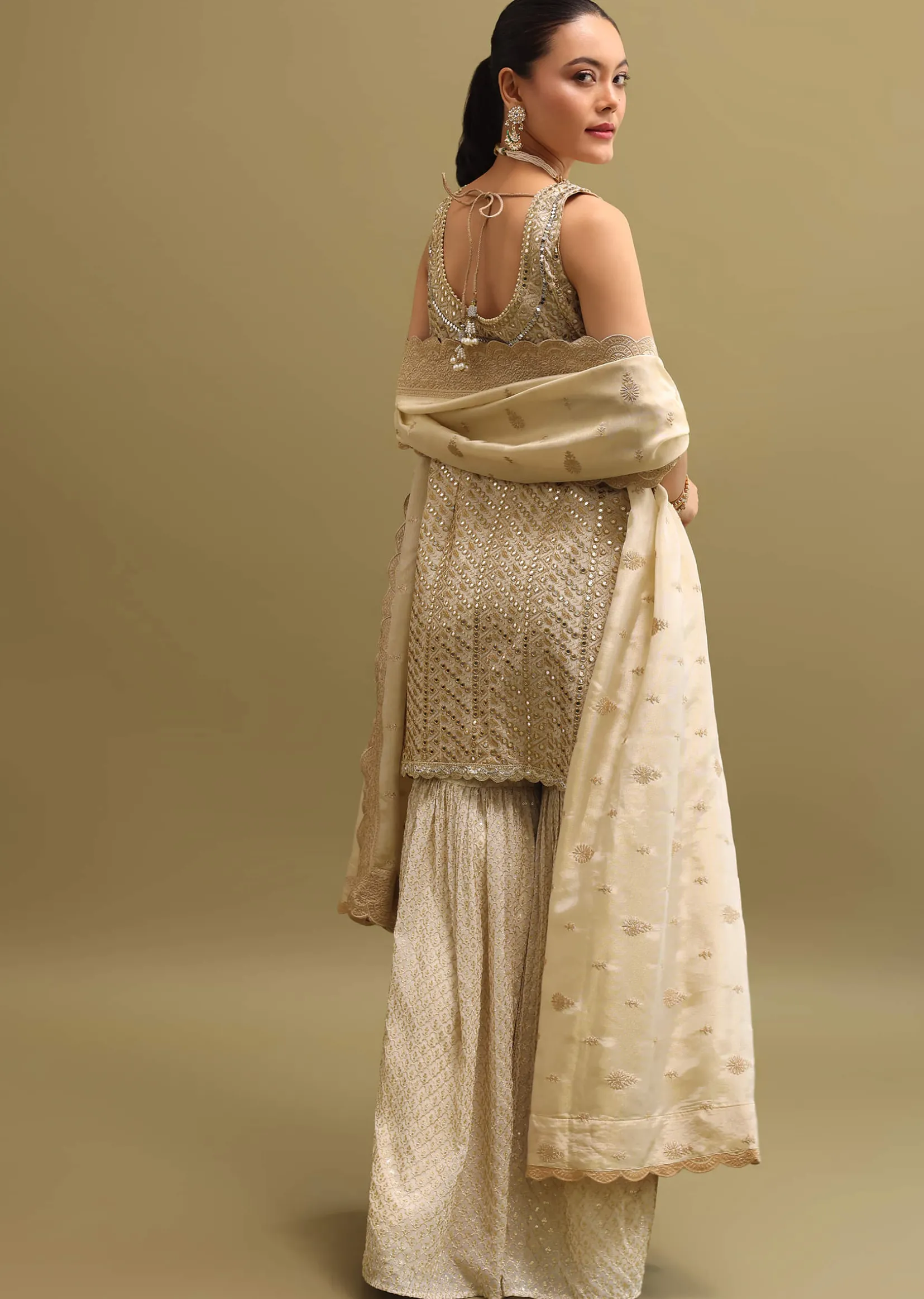 Ivory Embroidered Georgette Kurta Sharara Set